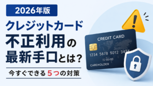 2026年版のクレジットカード不正利用対策を解説するアイキャッチ画像。クレジットカードとセキュリティシールド、警告マークを配置し、最新手口と今すぐできる5つの対策を紹介している。