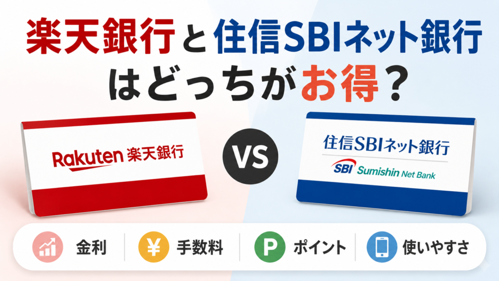 楽天銀行と住信SBIネット銀行を比較するアイキャッチ画像。金利・手数料・ポイント・使いやすさの観点から、どちらがお得かをわかりやすく解説する内容を表現している。