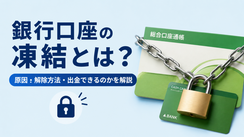 銀行口座の凍結をテーマにした画像。通帳とキャッシュカードが鎖と南京錠でロックされ、「銀行口座の凍結とは?」というタイトルとともに、原因・解除方法・出金の可否を解説する内容を表現している。