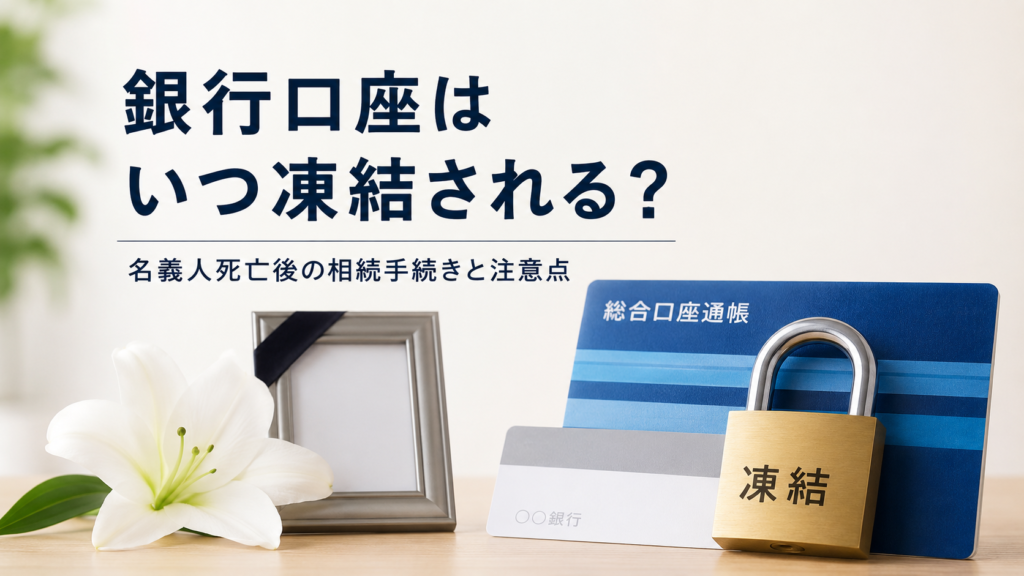 名義人死亡後の銀行口座凍結を解説するイメージ画像。通帳とキャッシュカードに南京錠がかけられ、白いユリと遺影フレームが置かれた背景に「銀行口座はいつ凍結される? 名義人死亡後の相続手続きと注意点」のタイトルが表示されている。