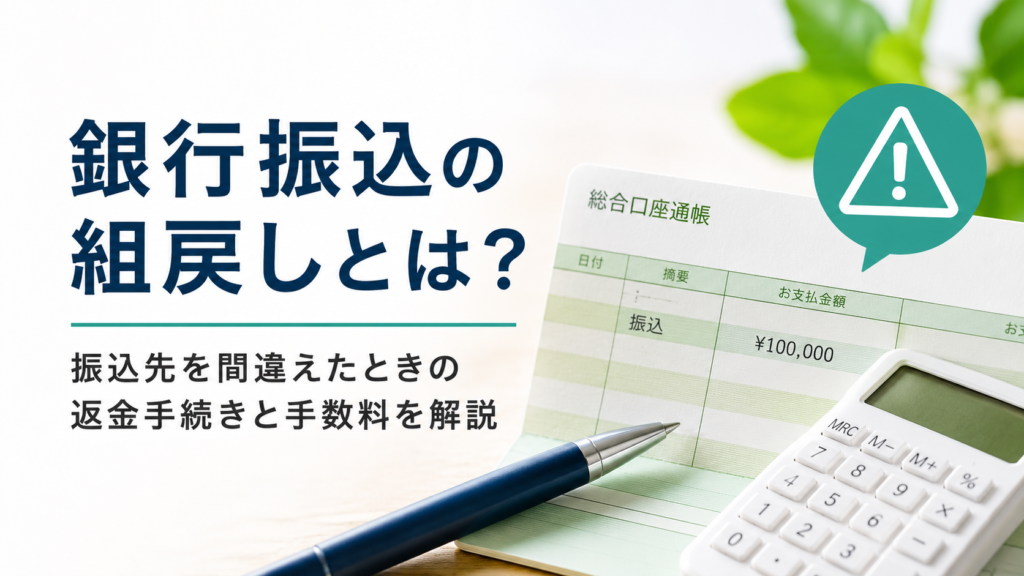 銀行振込の組戻し手続きを解説する記事の画像。通帳と電卓、ボールペンが置かれ、警告アイコンとともに「銀行振込の組戻しとは? 振込先を間違えたときの返金手続きと手数料を解説」の文字が表示されている。