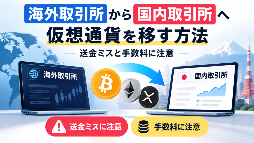 海外取引所から国内取引所へ仮想通貨を移す方法を解説するイメージ。ビットコインやイーサリアムなどの仮想通貨と送金を示す矢印、送金ミスや手数料への注意点を表現したイラスト。